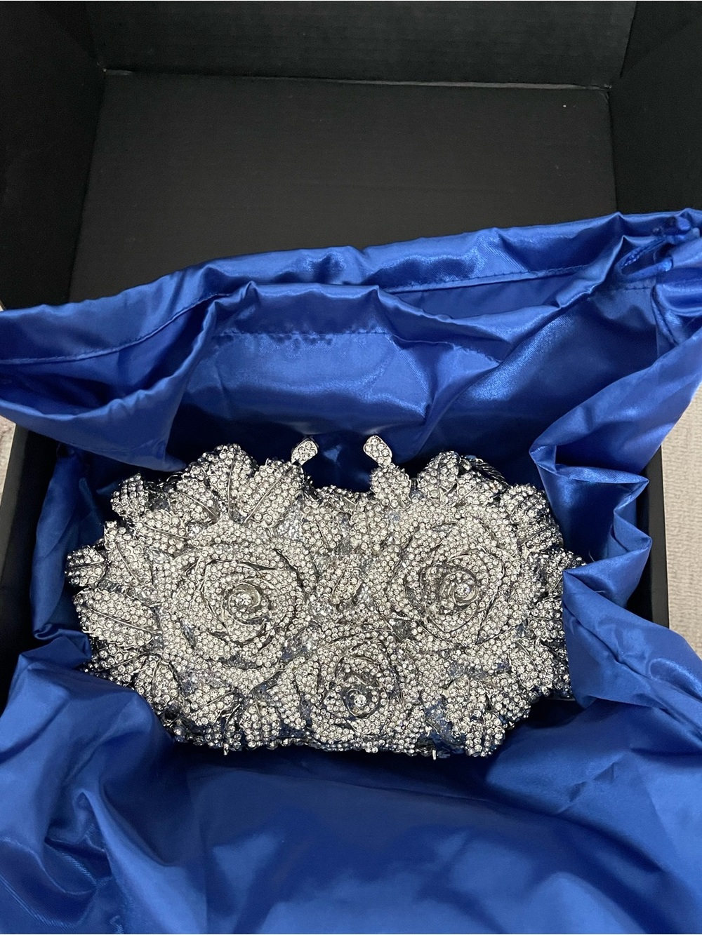 Silver Crystal Rose Embellished Evening Clutch